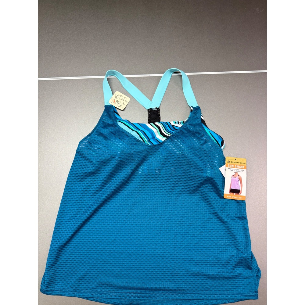 ZeroXposur Sun Smart 2-in-1 Tankini Top Blue Striped Mesh Overlay UPF 30+ NEW